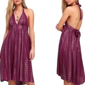 Lulu’s Charlize Magenta Striped Purple Halter Midi Dress Sz XS NWT